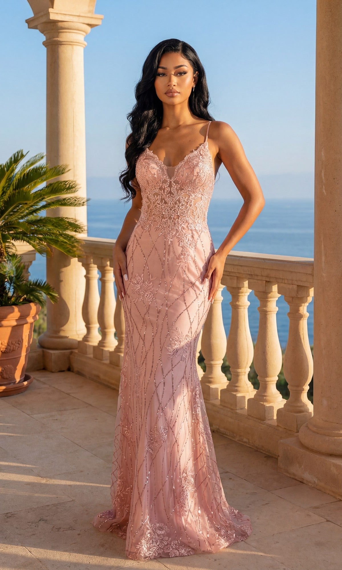 A woman in a dark blush Sequin-Print Long Prom Dress (Dancing Queen 4371) stands on a stone terrace overlooking the ocean and blue sky.